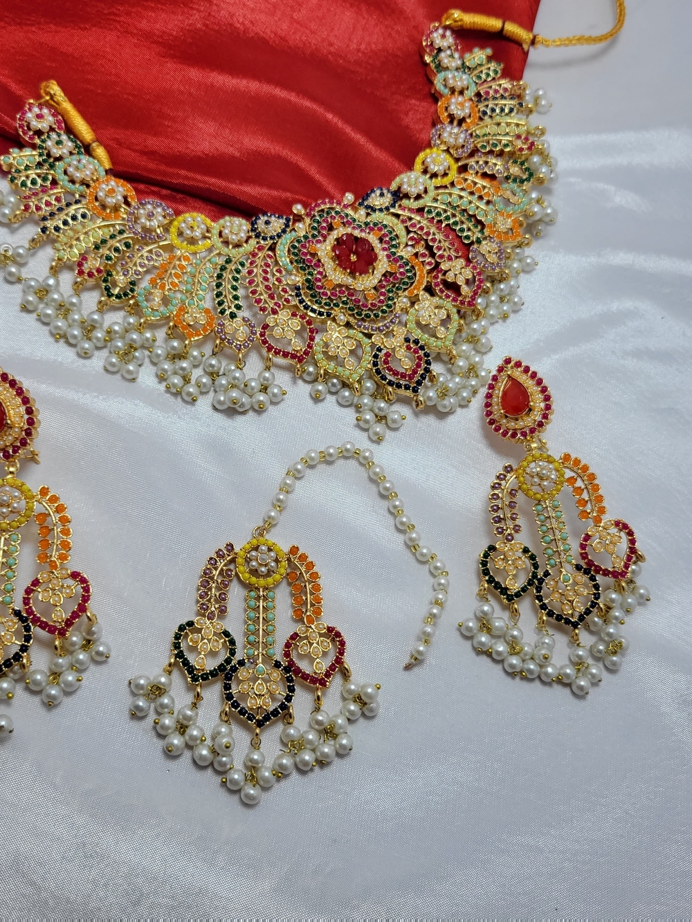 Multicolor Gold-Plated Bridal Necklace Set with Pearls - Women Jewelry